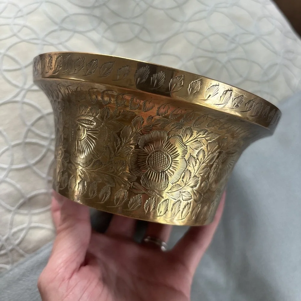 Vintage MCM Etched Brass Bowl Planter Trinket Dish Nice Patina 2.5